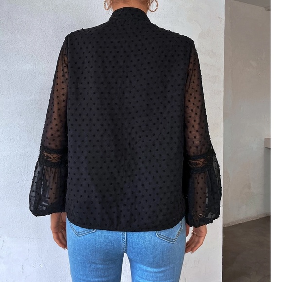 Swiss Dot V neck Tassel Tie Semi Sheer Long sleeve Top - Picture 4 of 11